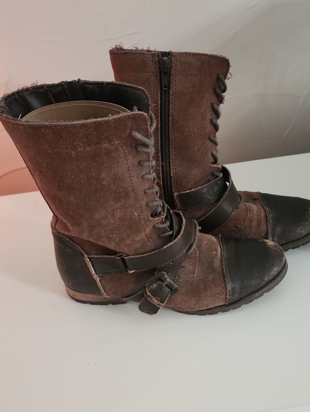 Naughty Monkey Brown Suede and Leather Lace-Up Buckle Boots